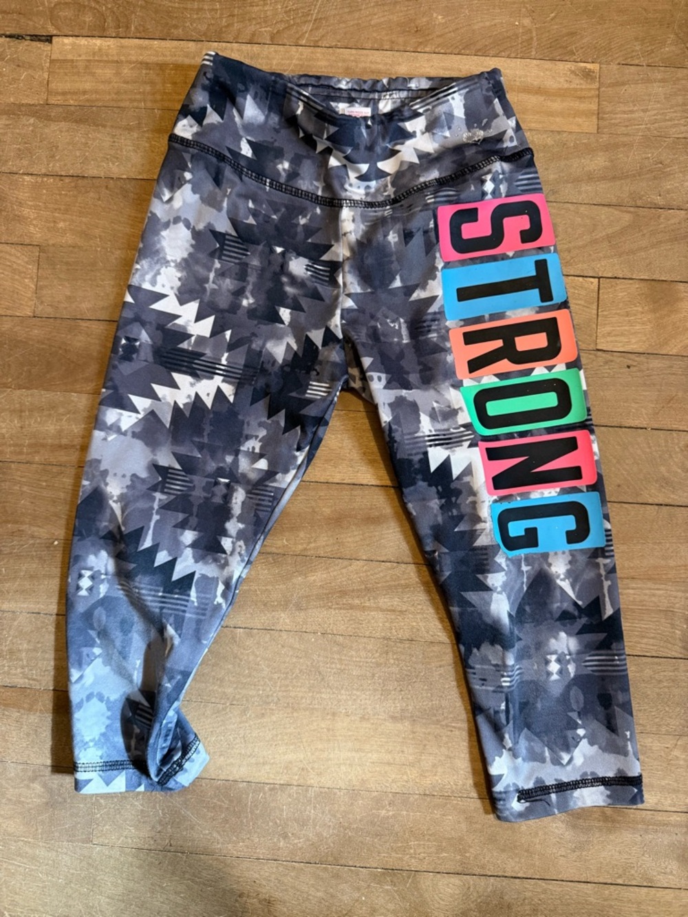 Justice Gray Aztec 'STRONG' Graphic Leggings with Neon Accent